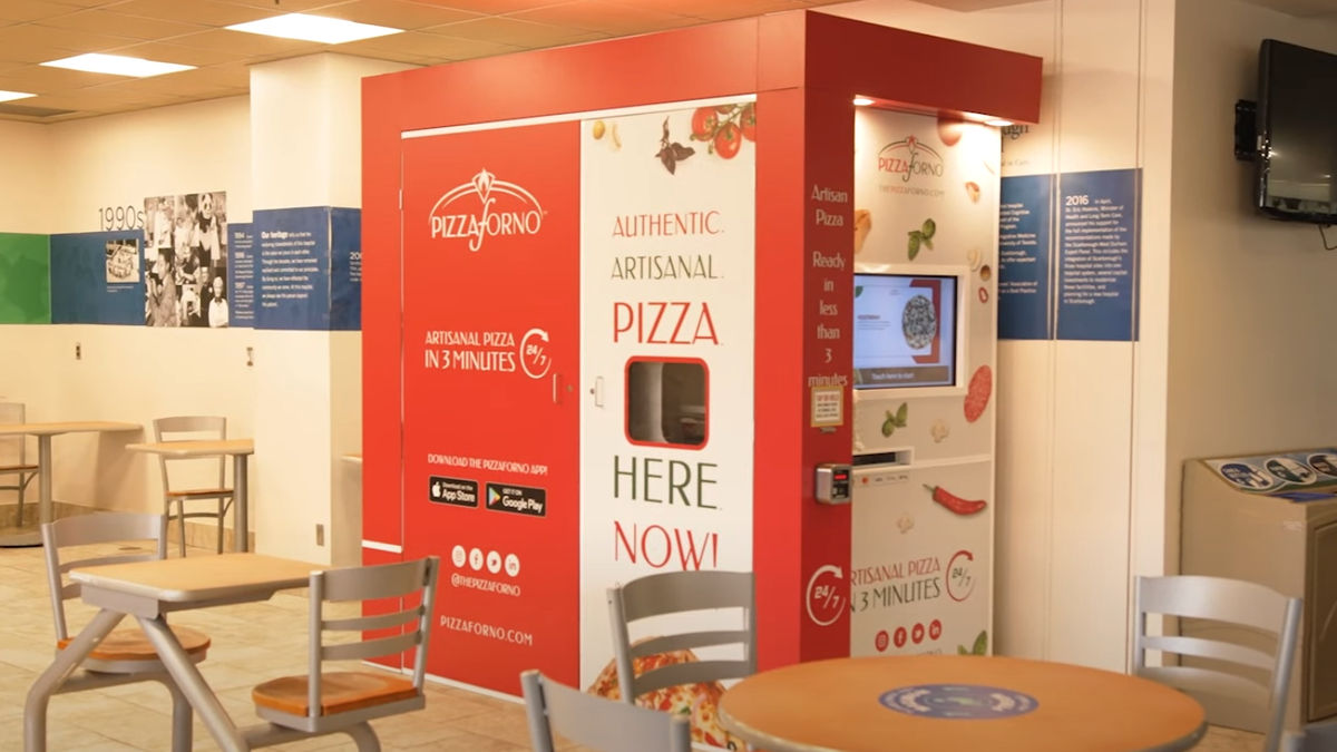 An image of an indoor pizza vending machine that is located in the Scarborough Health Network Building.