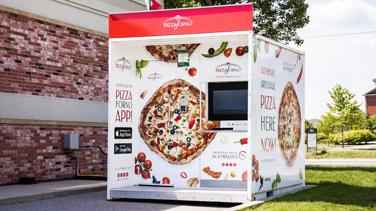 A picture of a PizzaForno automated pizza restaurant that is beside a gas station in Markham.