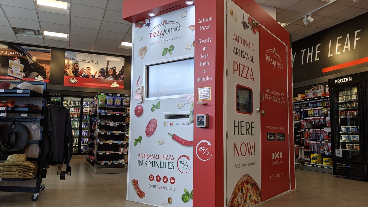 An indoor pizza vending machine that is located inside the Petro-Canada Gas Station in Cookstown.