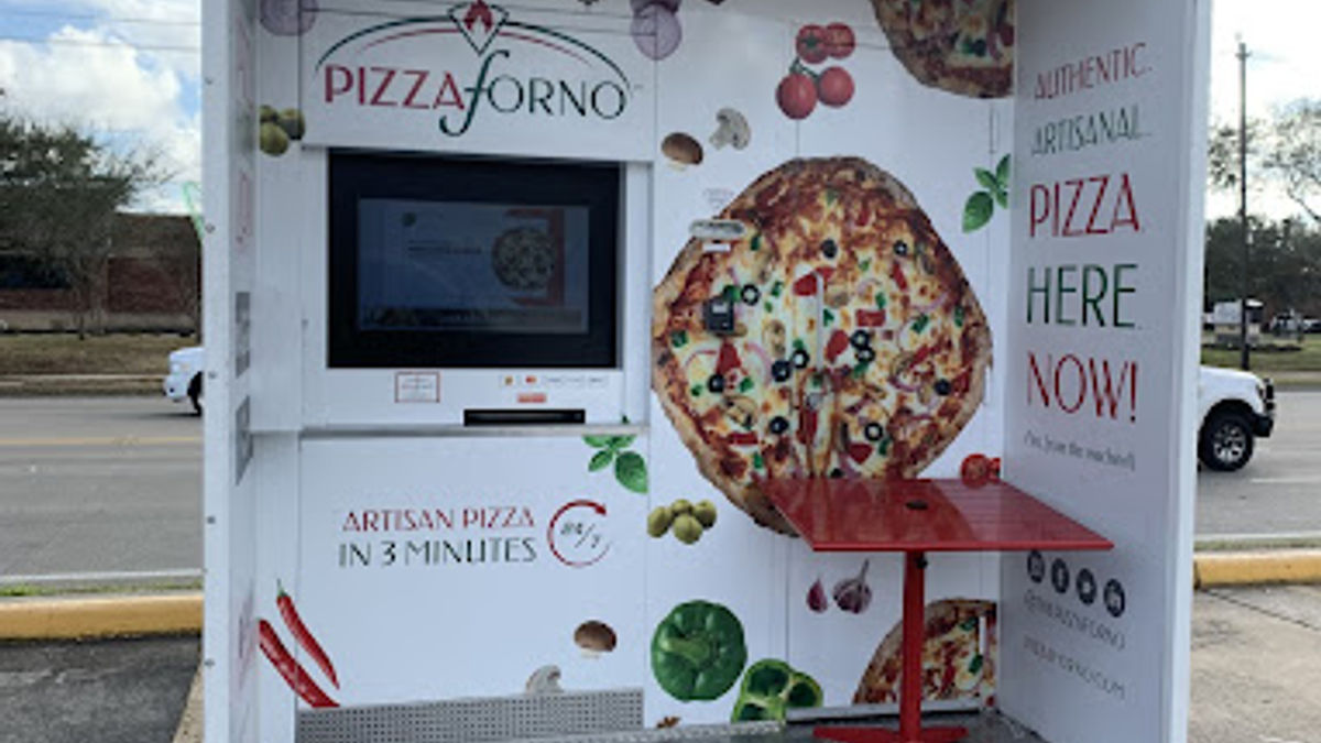 An automated pizza vending machine that is in a parking lot in Friendswood, Texas.