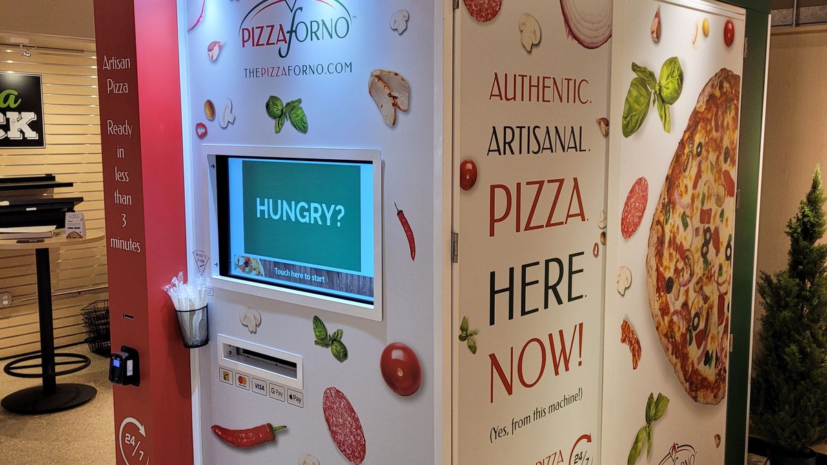 A picture of the PizzaForno indoor pizza vending machine at Mott College.