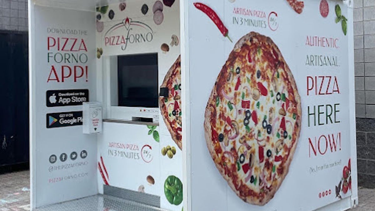 A picture of an automated pizza vending machine that is located outside the arena at Guelph University.